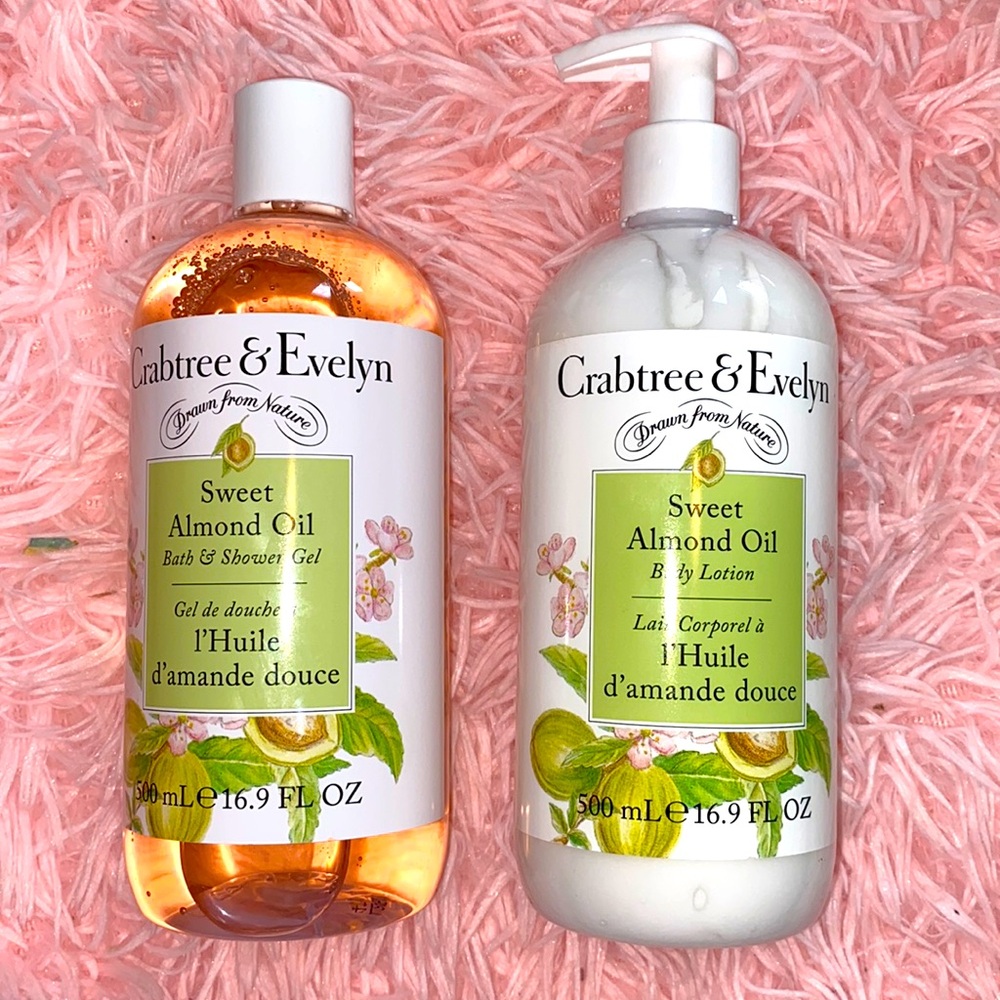 Crabtree & Evelyn Sweet Almond Oil Bath Shower Gel & Body Lotion 16.9 Fl Oz Each